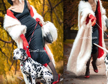 Cruella De Vil Costume, Cruella DeVil Coat Black Dress and Red Gloves Adults